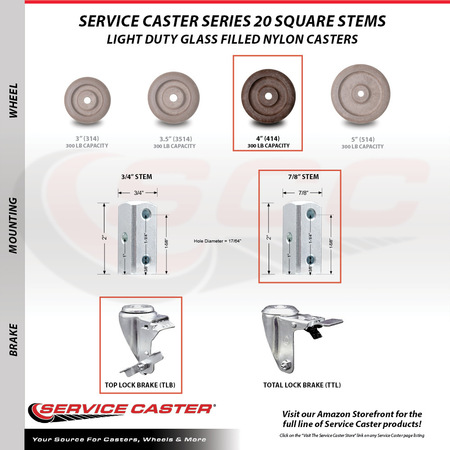 Service Caster 4 Inch High Temp Glass Filled Nylon 7/8 Inch Square Stem Caster Set with Brake SCC-SQ20S414-GFNSHT-TLB-78-4
